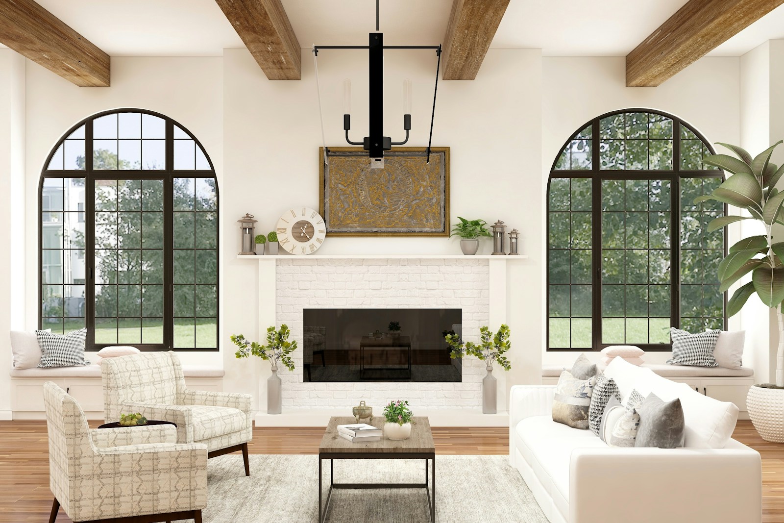 Living room with arched windows, no faces