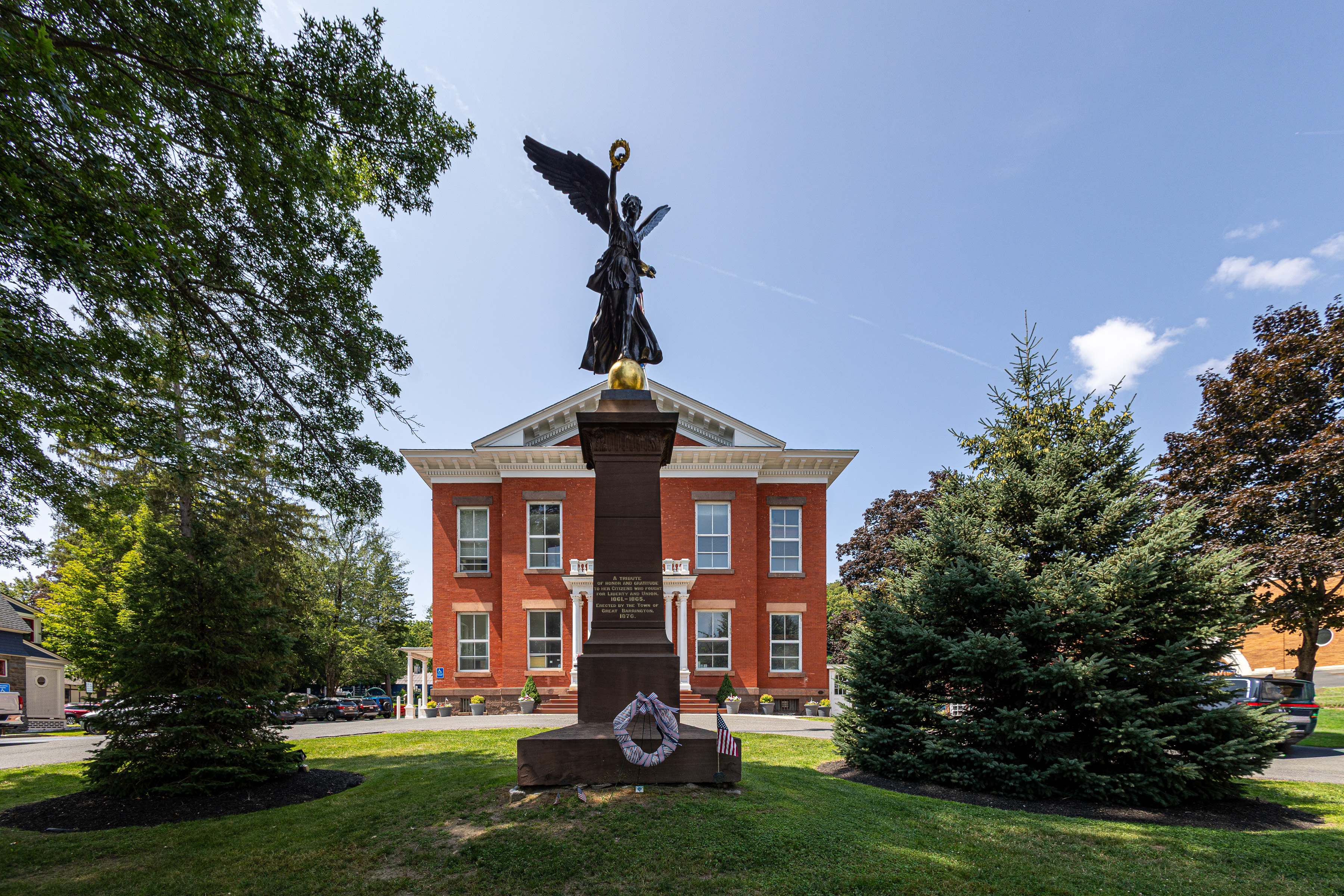 Town Hall and Civil War monument in Great Barrington, Massachusetts. Wikimedia Commons, location in title.