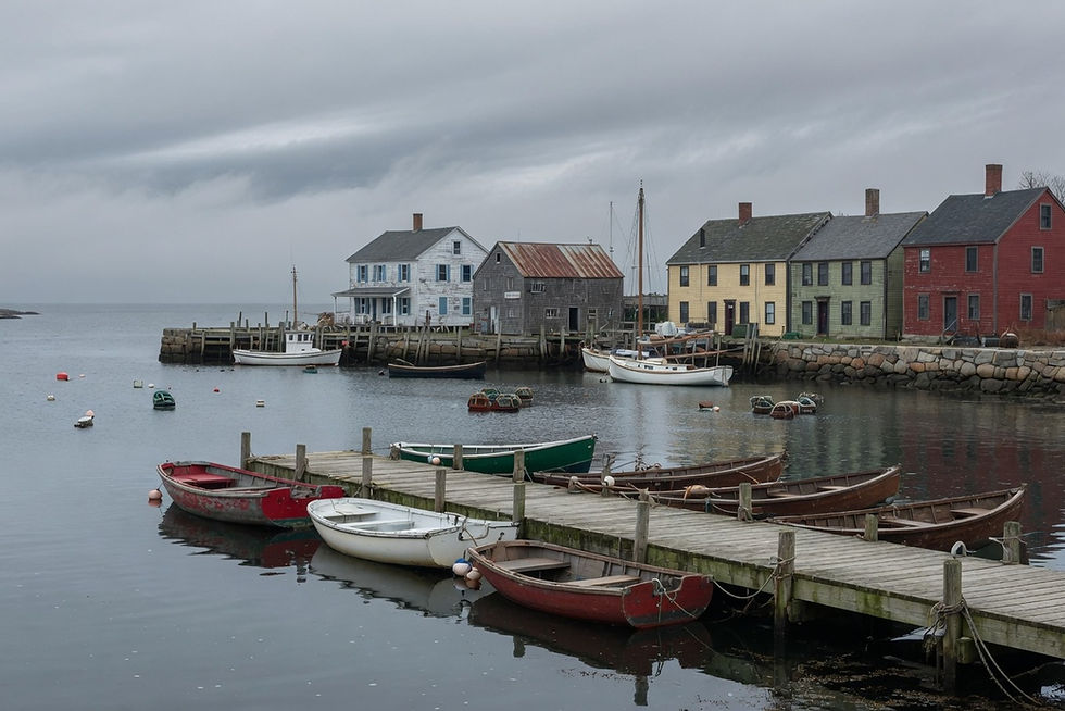 Empty New England harbor docks with dinghies, no people