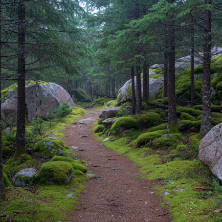 Spruce forest trail on Deer Isle