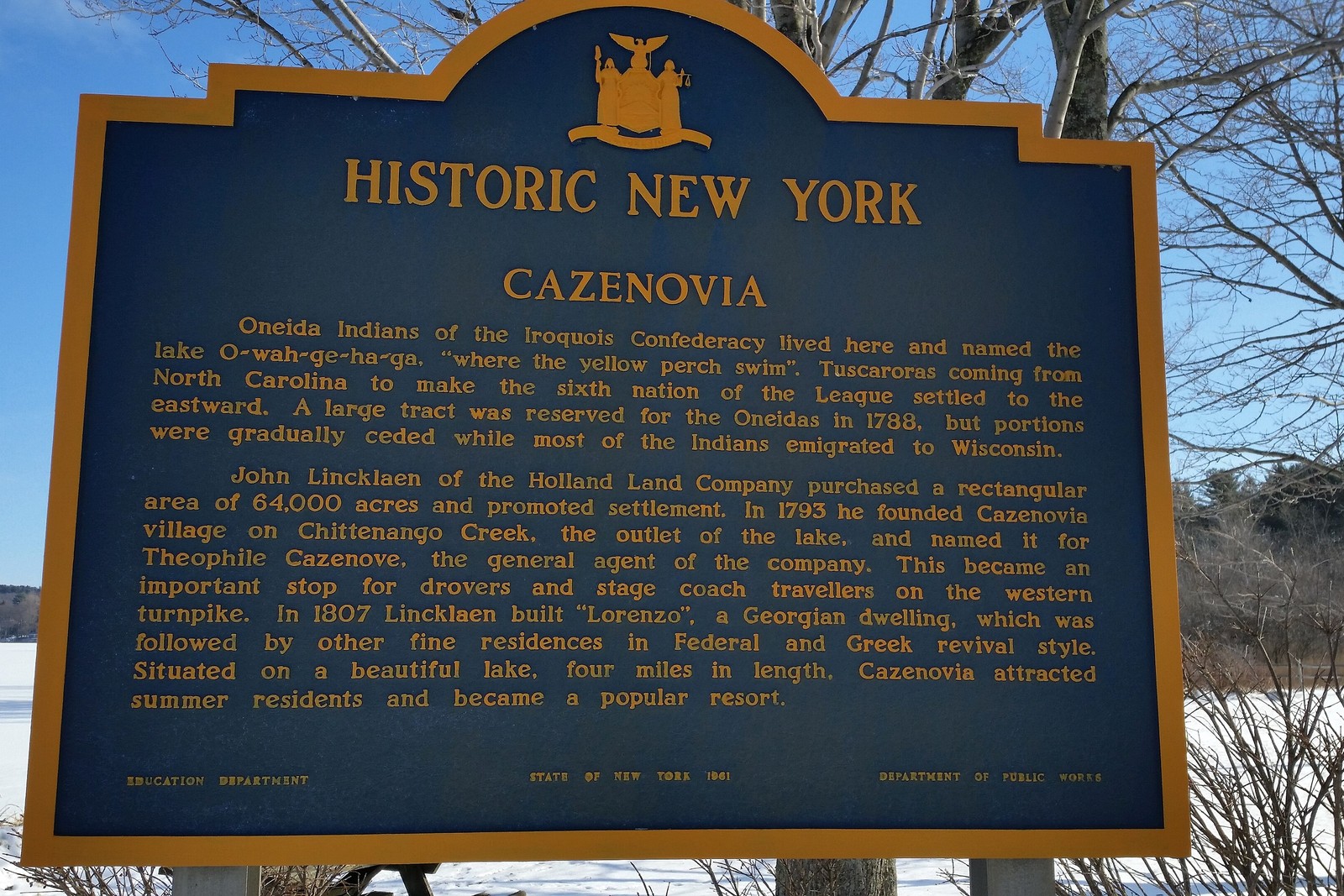 New York historic marker for Cazenovia on the lake