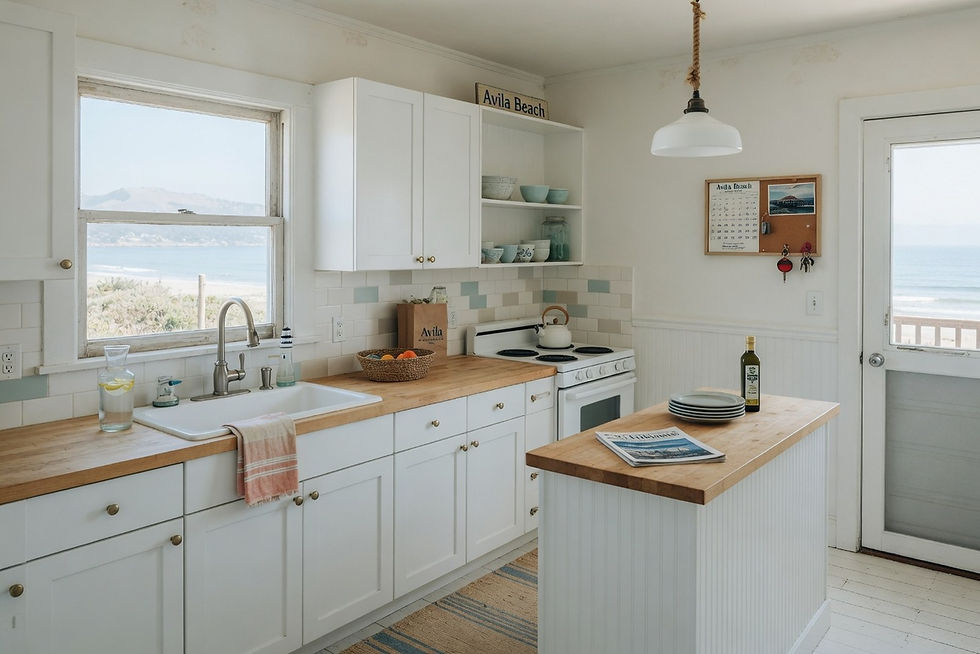 Empty coastal kitchen interior, Avila Beach lodging, no people