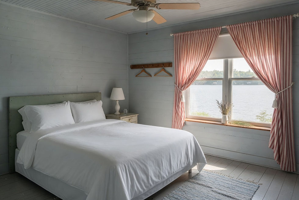 Lakeside bedroom interior, Erie lodging stay