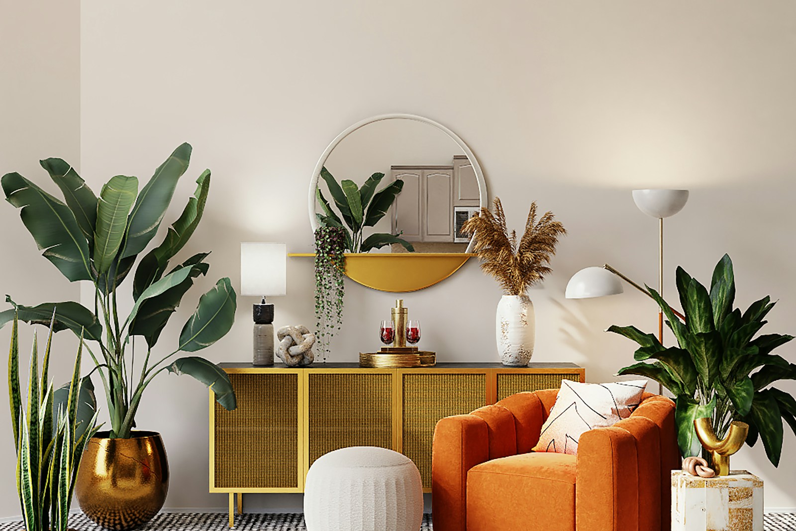 Styled cabinet and plants, no faces