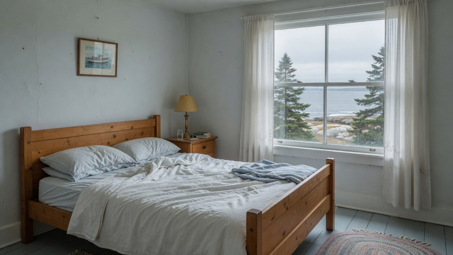 Linen bedroom with a granite-coast window