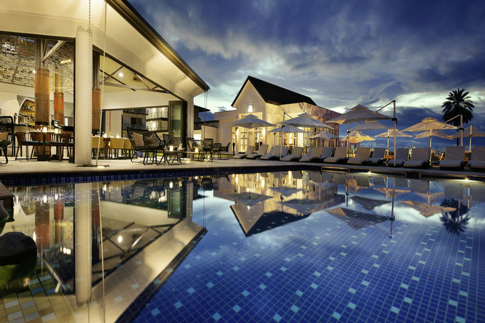 Resort terrace at dusk, no people