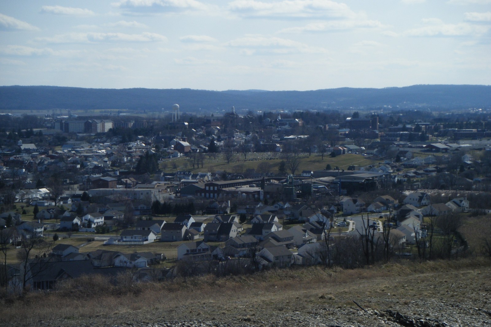 Kutztown Pennsylvania borough viewed from a hill in winter