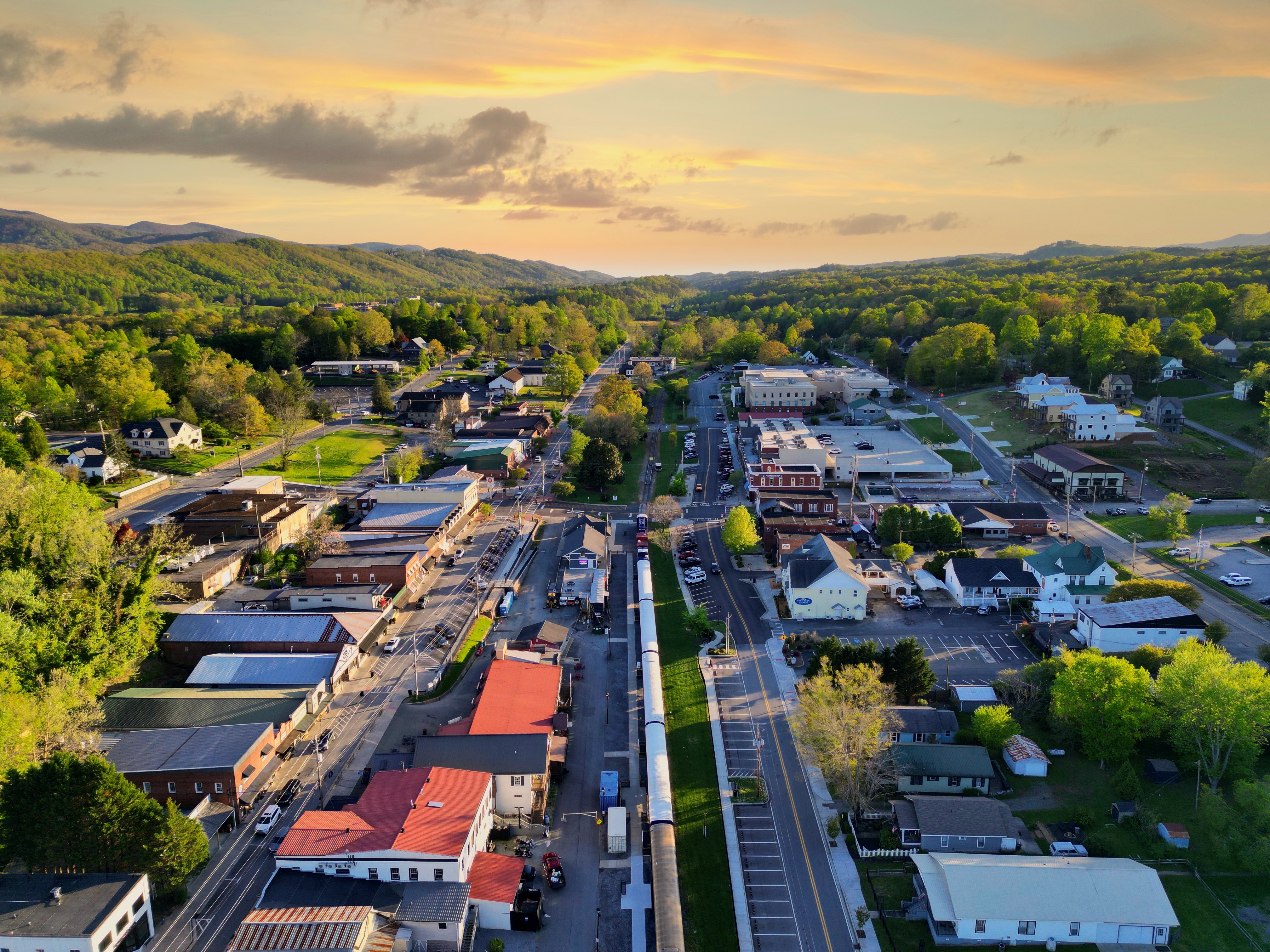 Downtown Blue Ridge, Georgia at sunset with the depot tracks through East Main