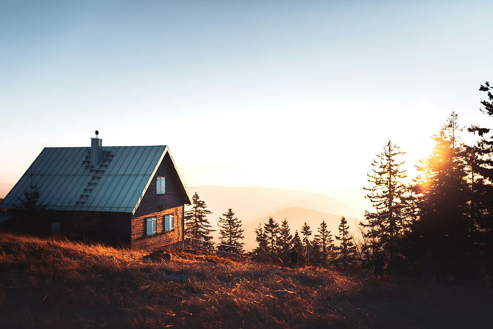 Mountain cabin lodging exterior, no people