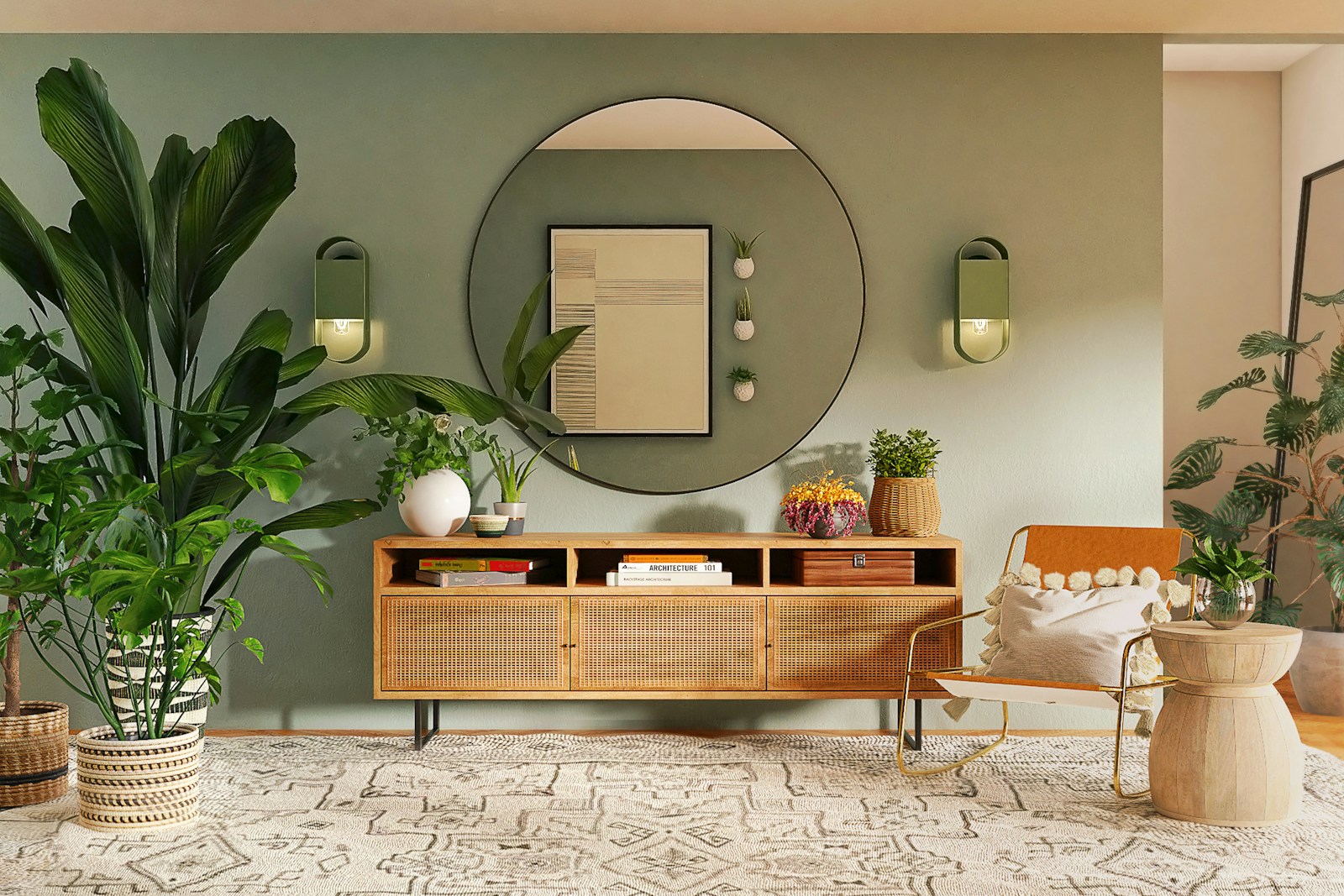 Living room with cane credenza and round mirror, no people