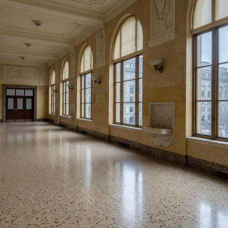 Empty Buffalo civic hallway interior, no people