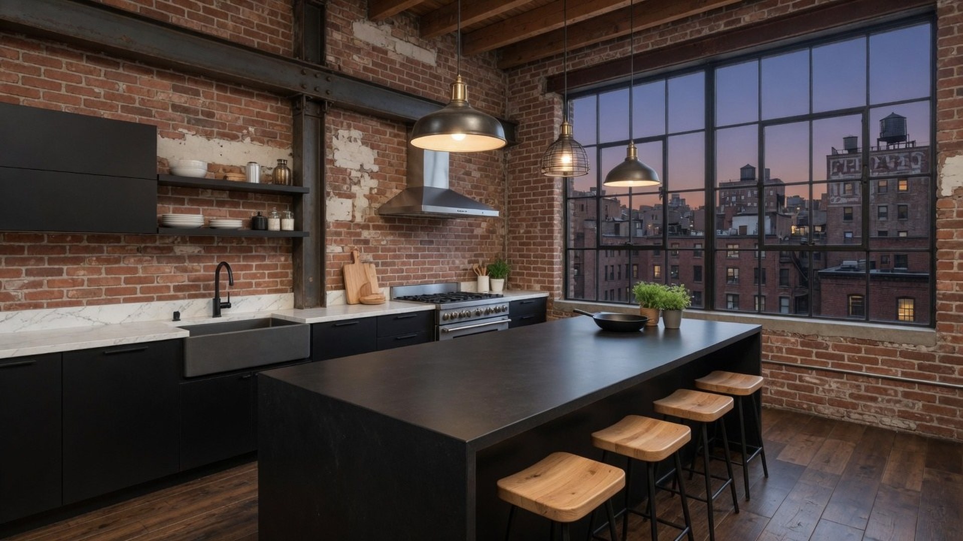 Black loft kitchen in a brick mill building