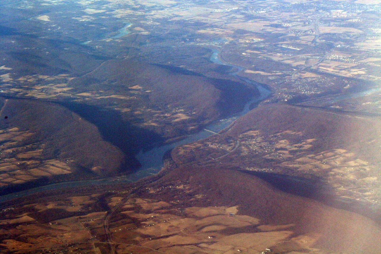 Aerial view of the Potomac water gap and farmed ridges in Jefferson County, West Virginia.
