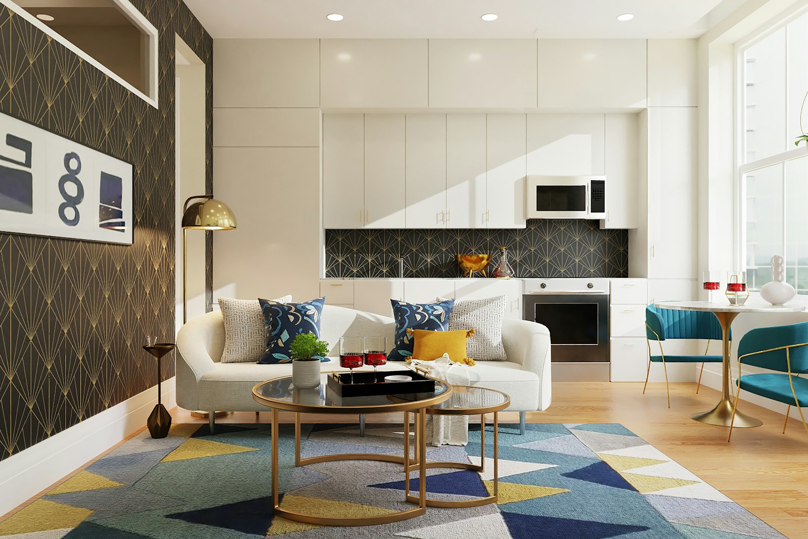 Apartment living room and kitchen, no faces