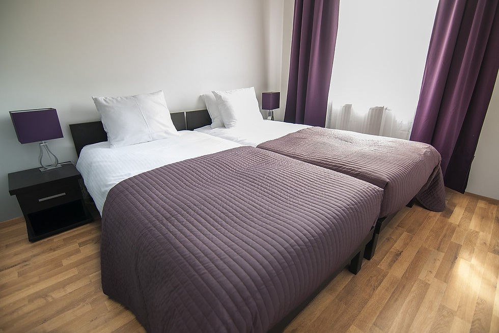 Twin beds in a short-term rental bedroom, no people