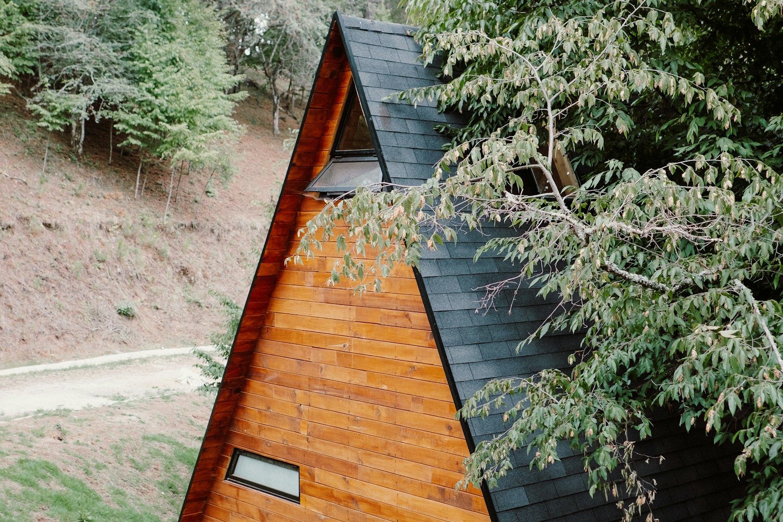Wood and black A-frame cabin on a hillside, no people