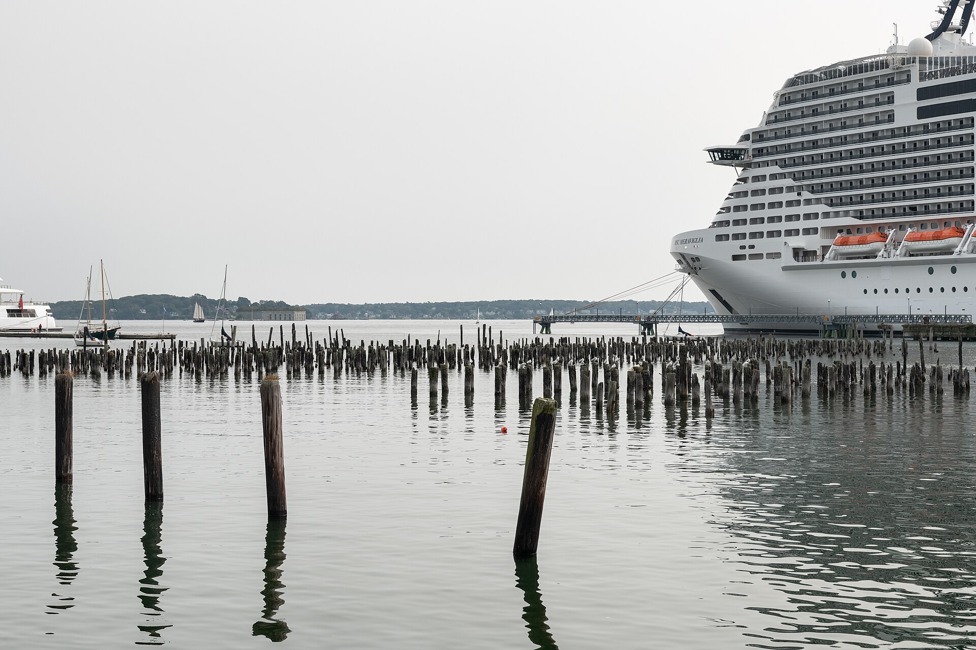 Cruise ship and pilings in Portland Harbor, Maine