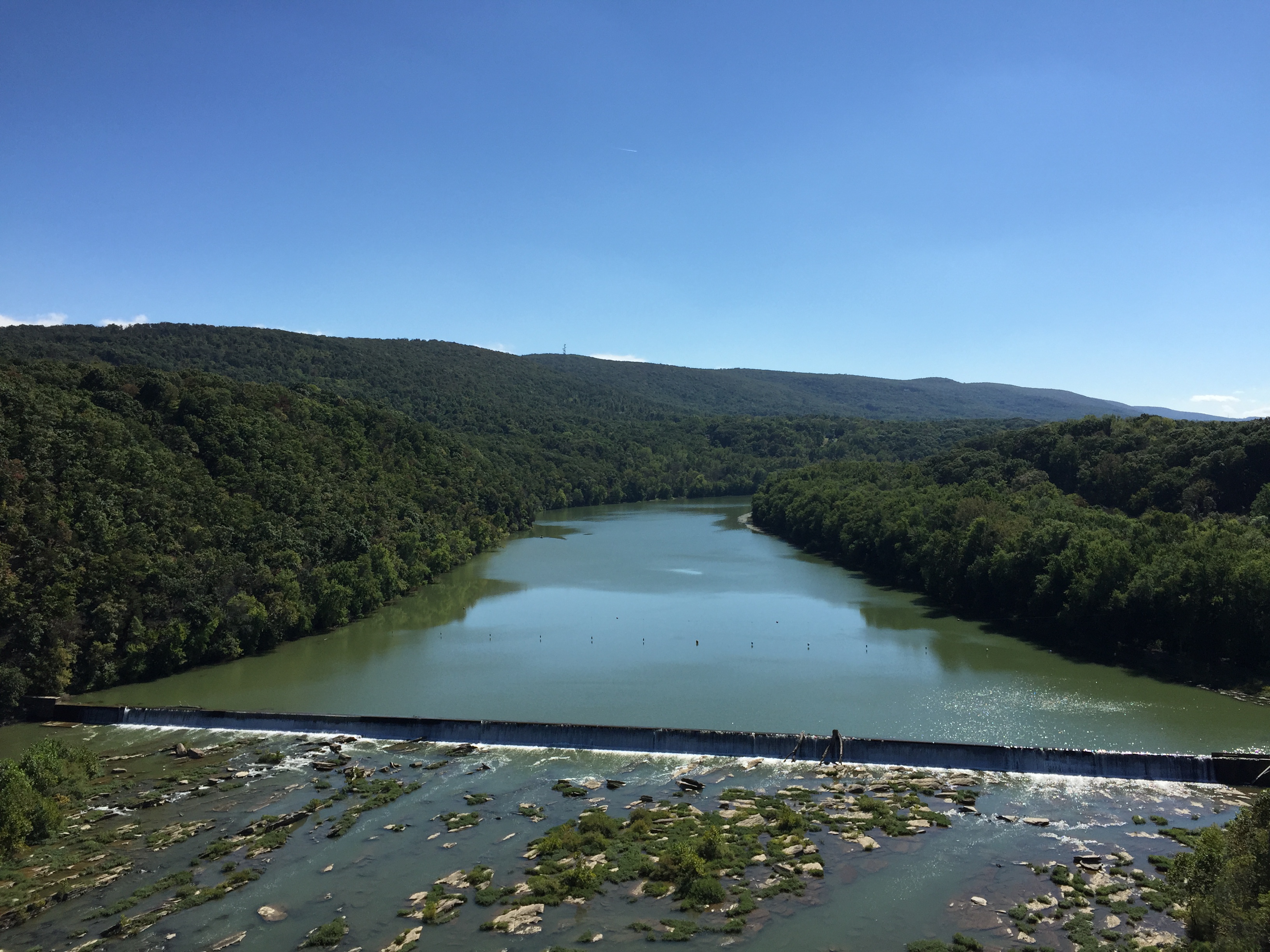 Shenandoah River at Millville Dam in Jefferson County, West Virginia, with the Blue Ridge beyond the water.