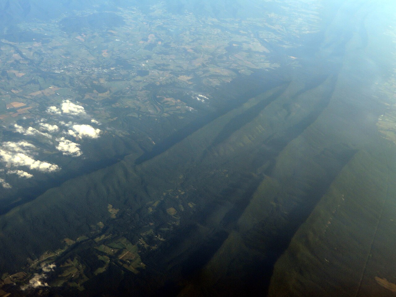 Aerial view of the Massanutten Mountain ridge west of the Page Valley, Virginia.