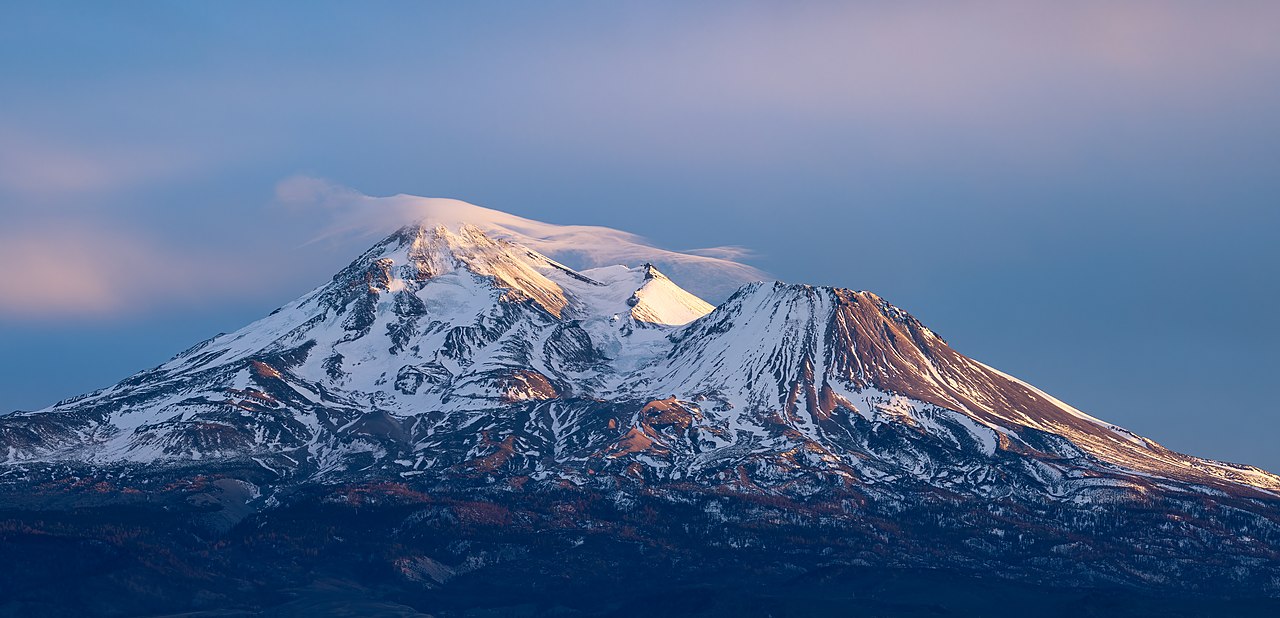 North face of Mount Shasta and Shastina at sunset