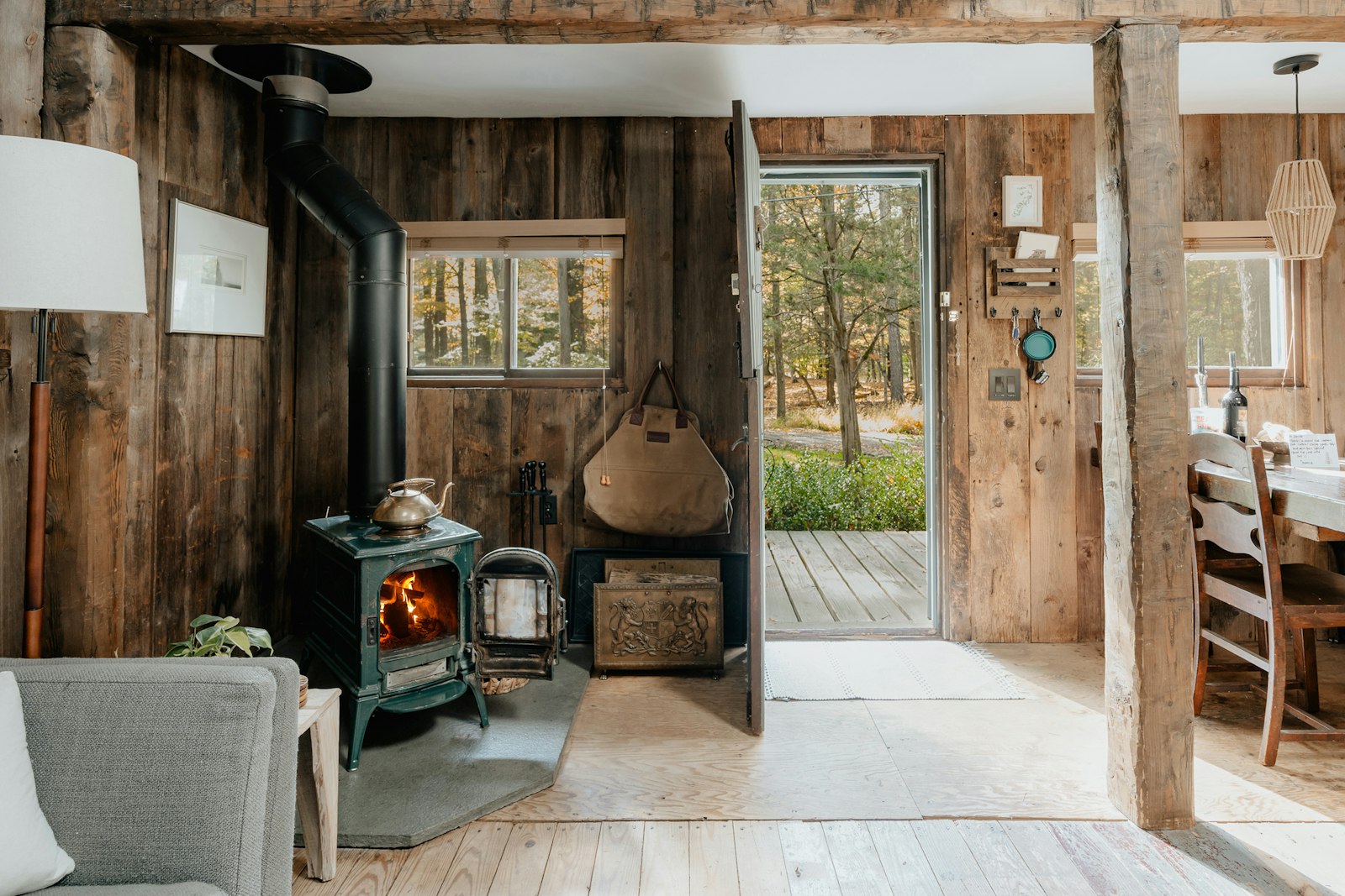 Cabin stay interior with wood stove, no faces