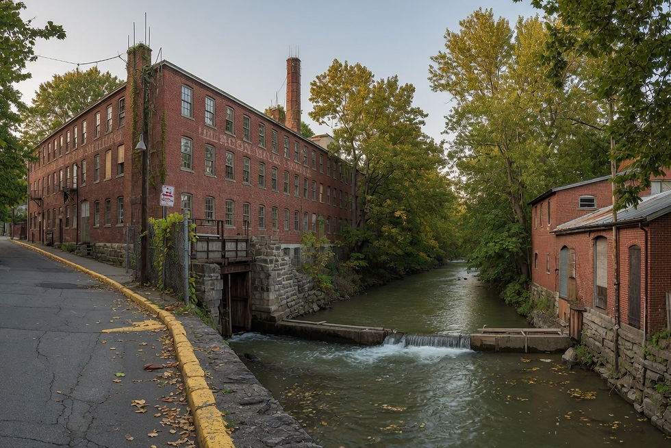 Brick mill buildings along a creek, Beacon