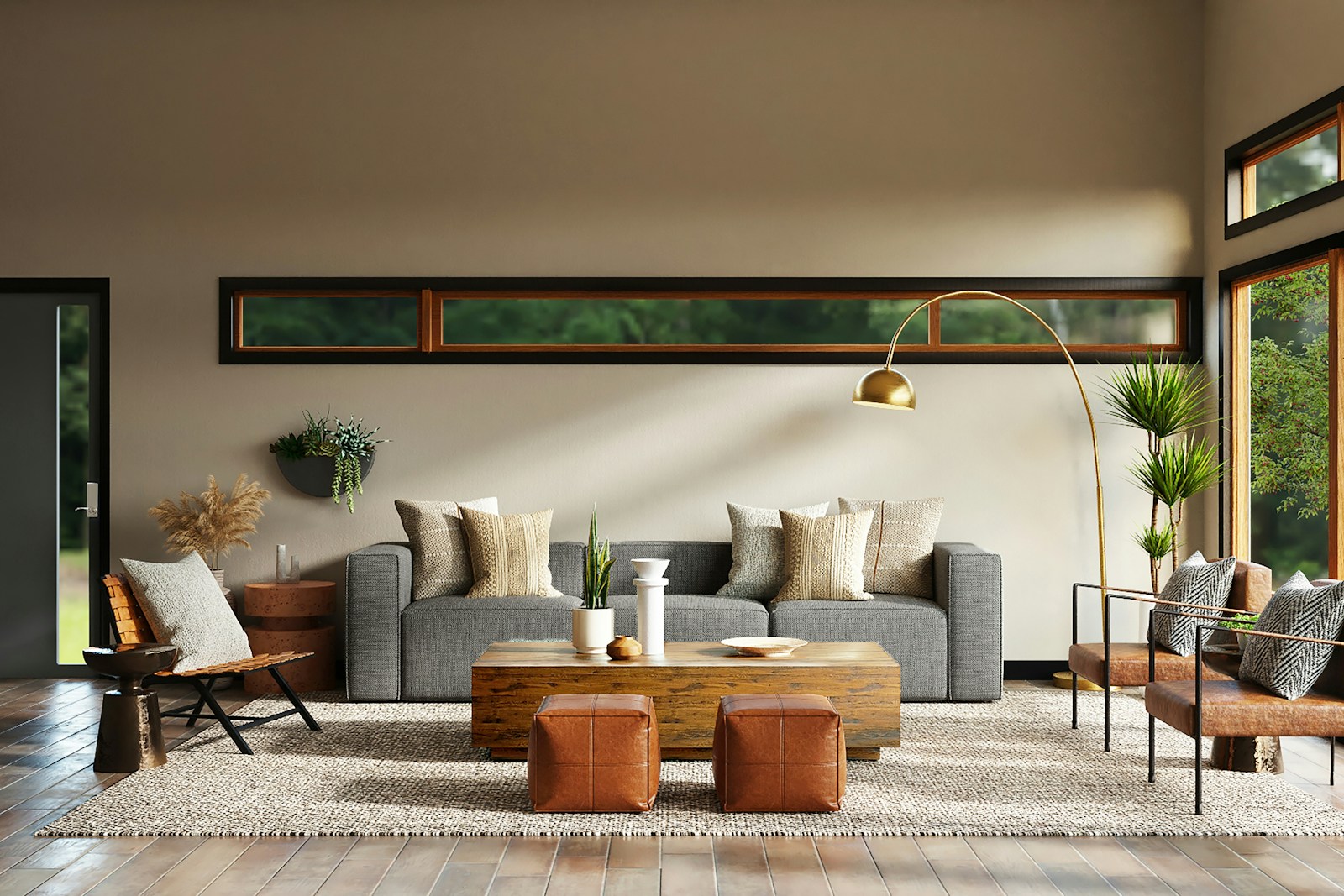 Gray sofa and wood table, no faces