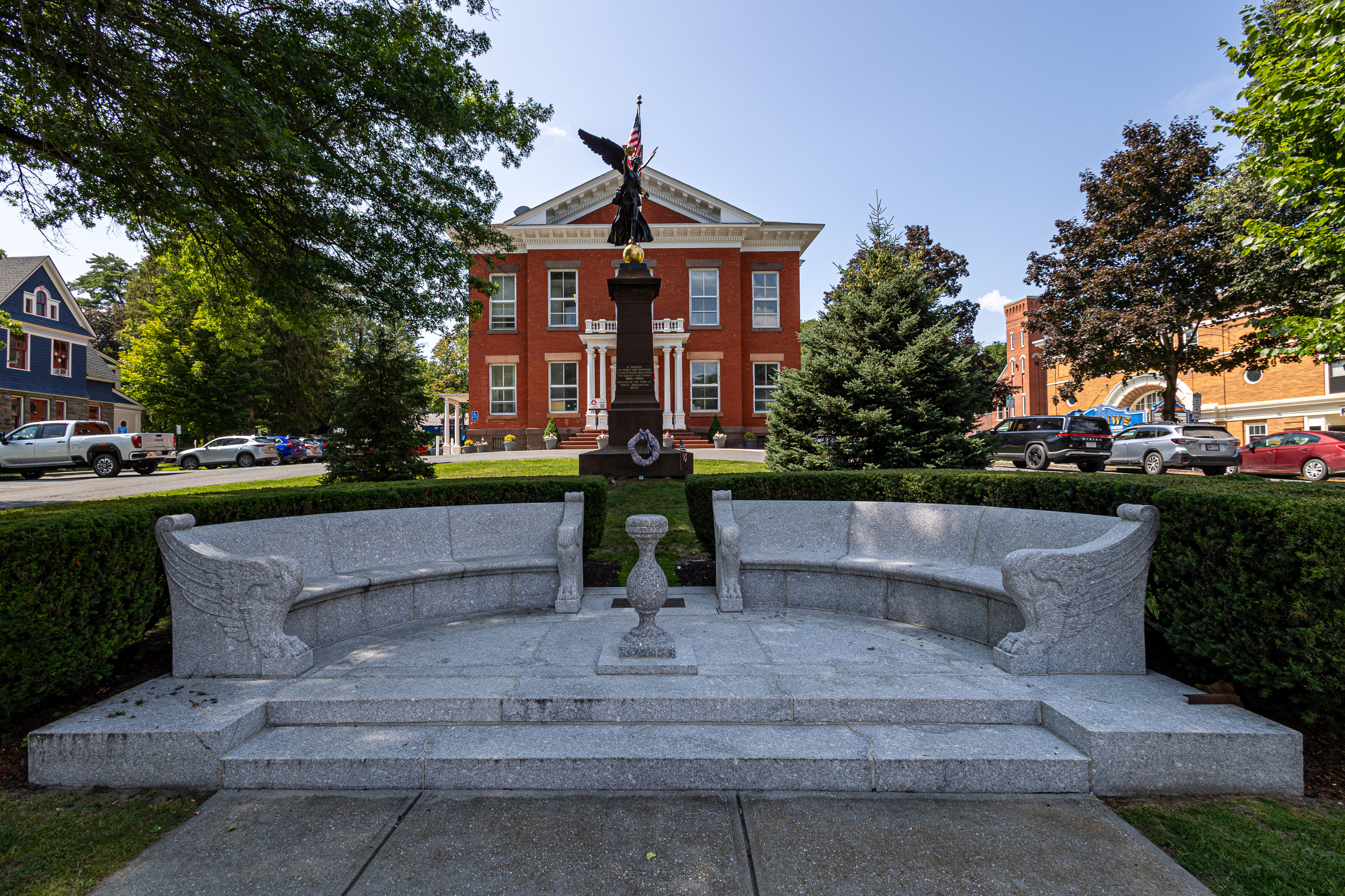 Town Hall, seating area, and Civil War memorial in Great Barrington, Massachusetts. Wikimedia Commons, location in title.