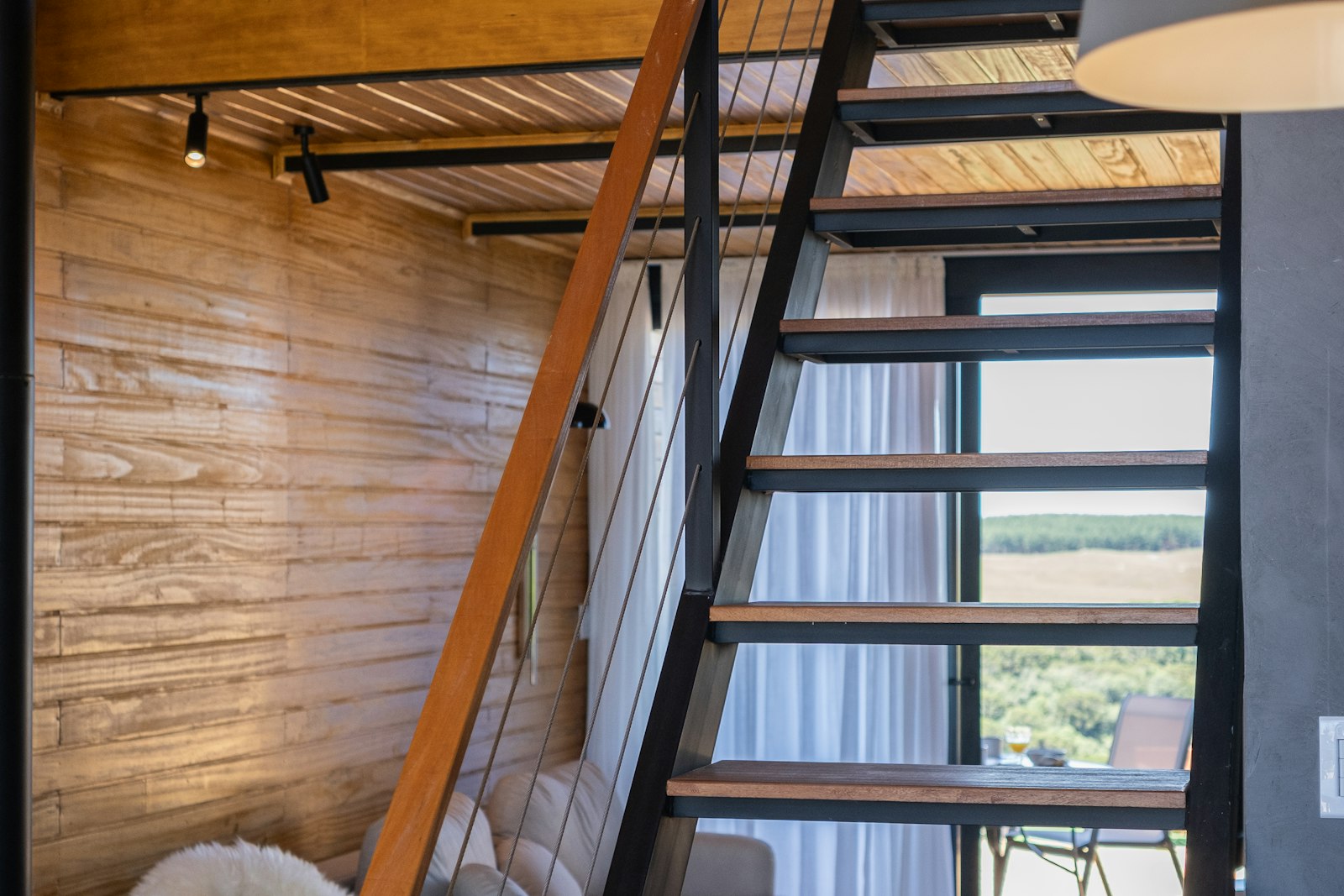 Cabin stair and wood interior, no faces