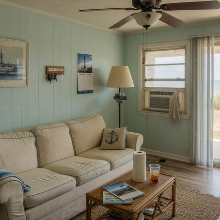 Short-term rental living room interior, Waveland lodging stay
