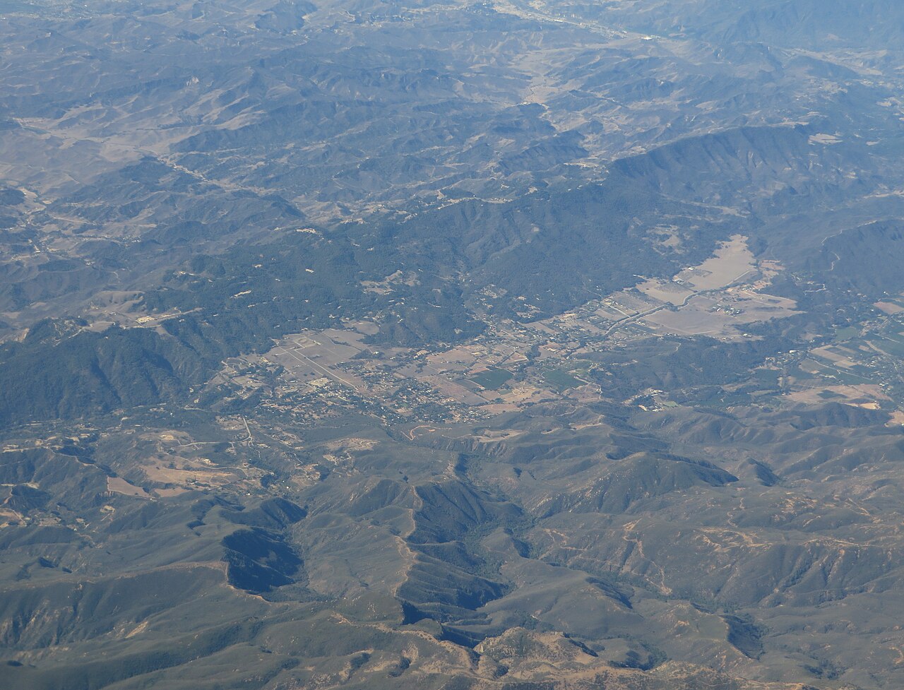 Aerial view of the Ojai Valley between Ojai and Santa Paula, California.