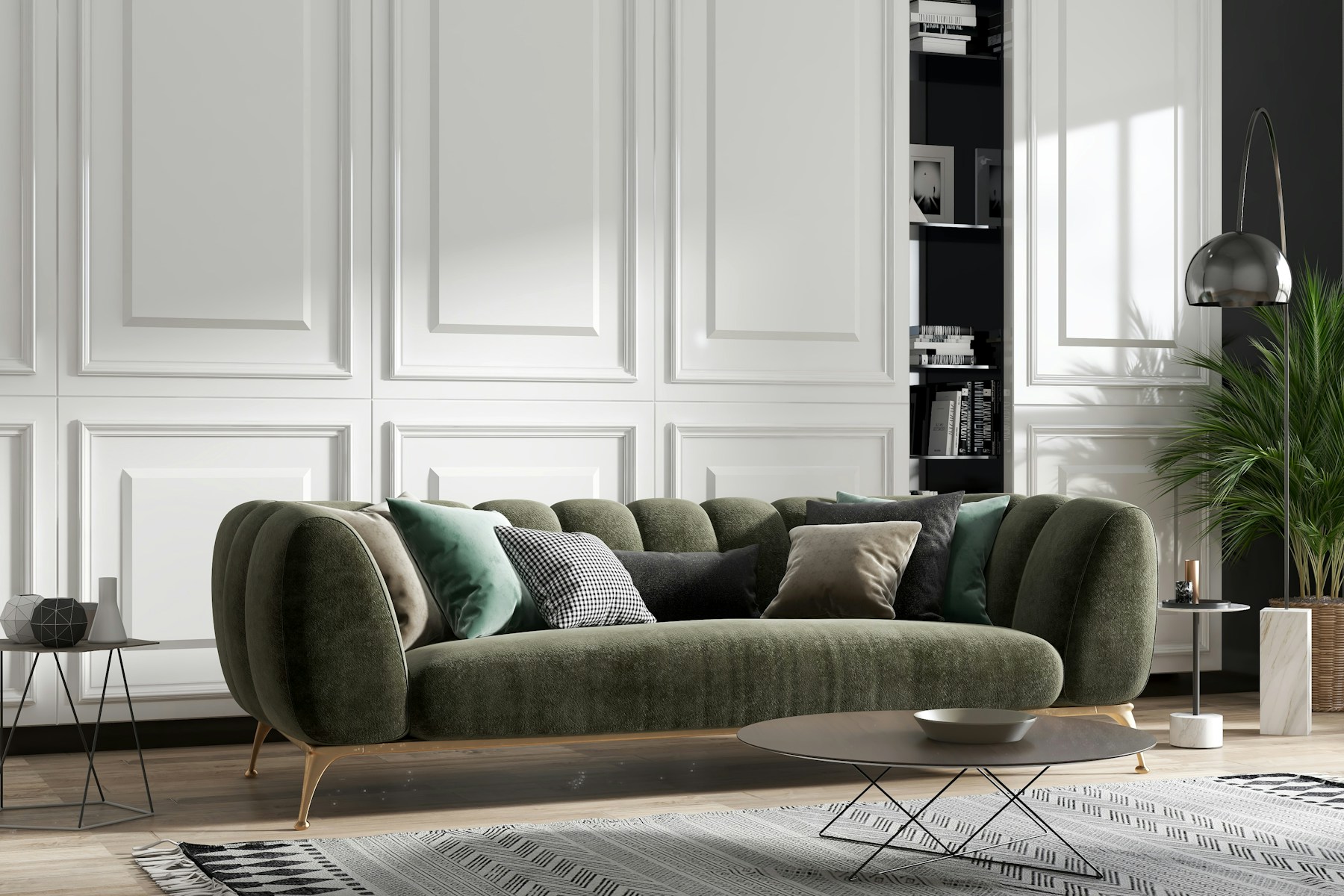 Green velvet sofa against paneled walls in a rental living room