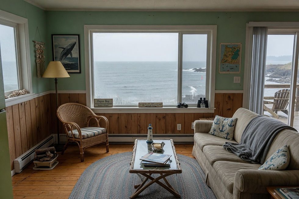 Empty coastal living room in a Depoe Bay cottage, lodging interior, no people