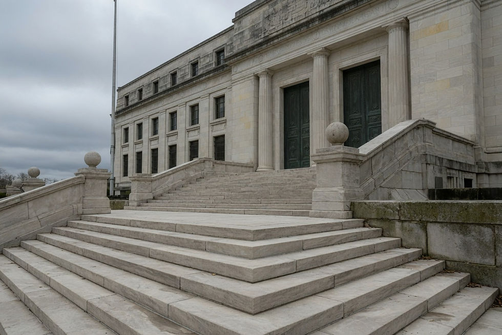 Empty Cleveland Building and Housing civic steps, no people