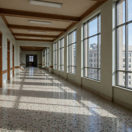 Empty Boise civic hallway interior, no people