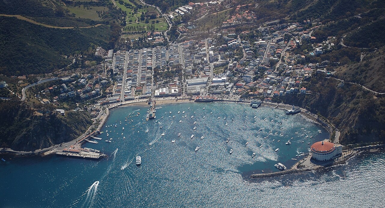Aerial view of Avalon Harbor, the Casino, and the ferry dock.