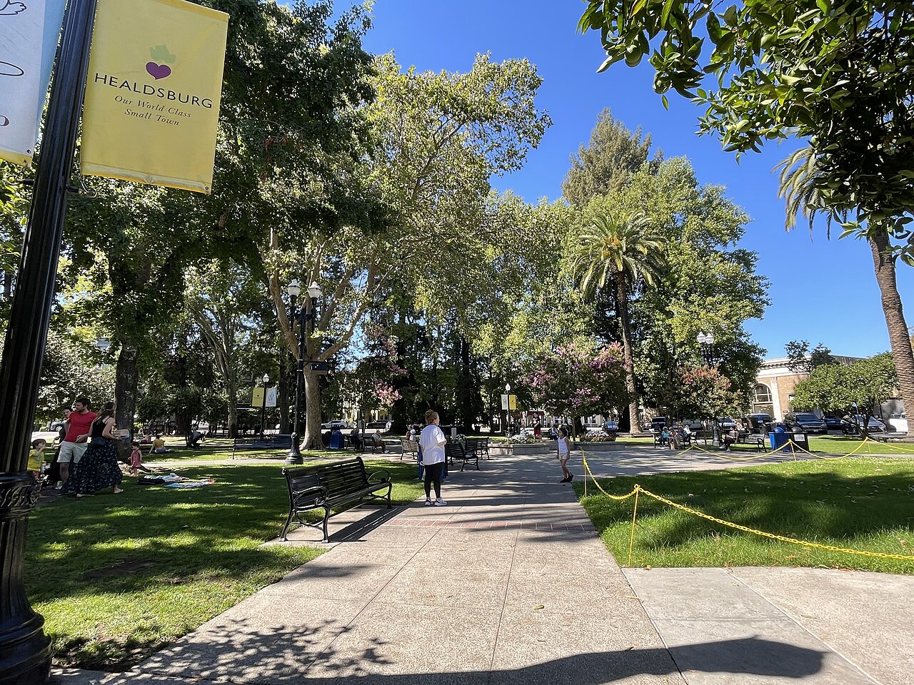 Healdsburg Plaza under a blue sky