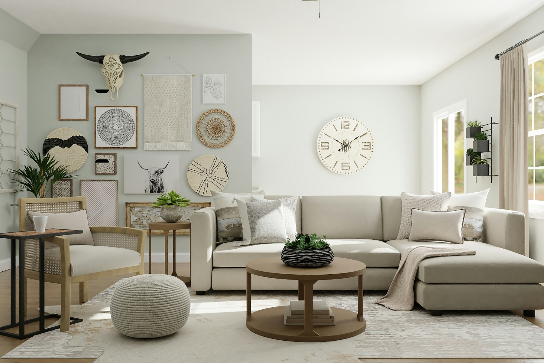 Beige sectional with a gallery wall and a woven pouf