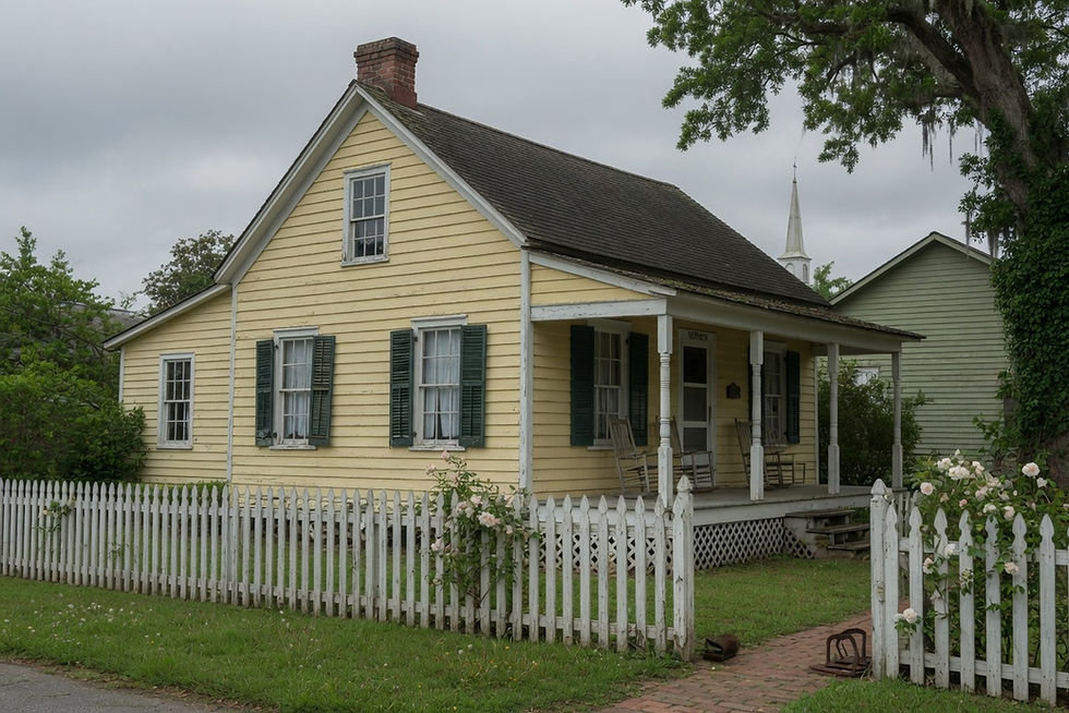 Empty historic clapboard cottage exterior in Edenton, no people