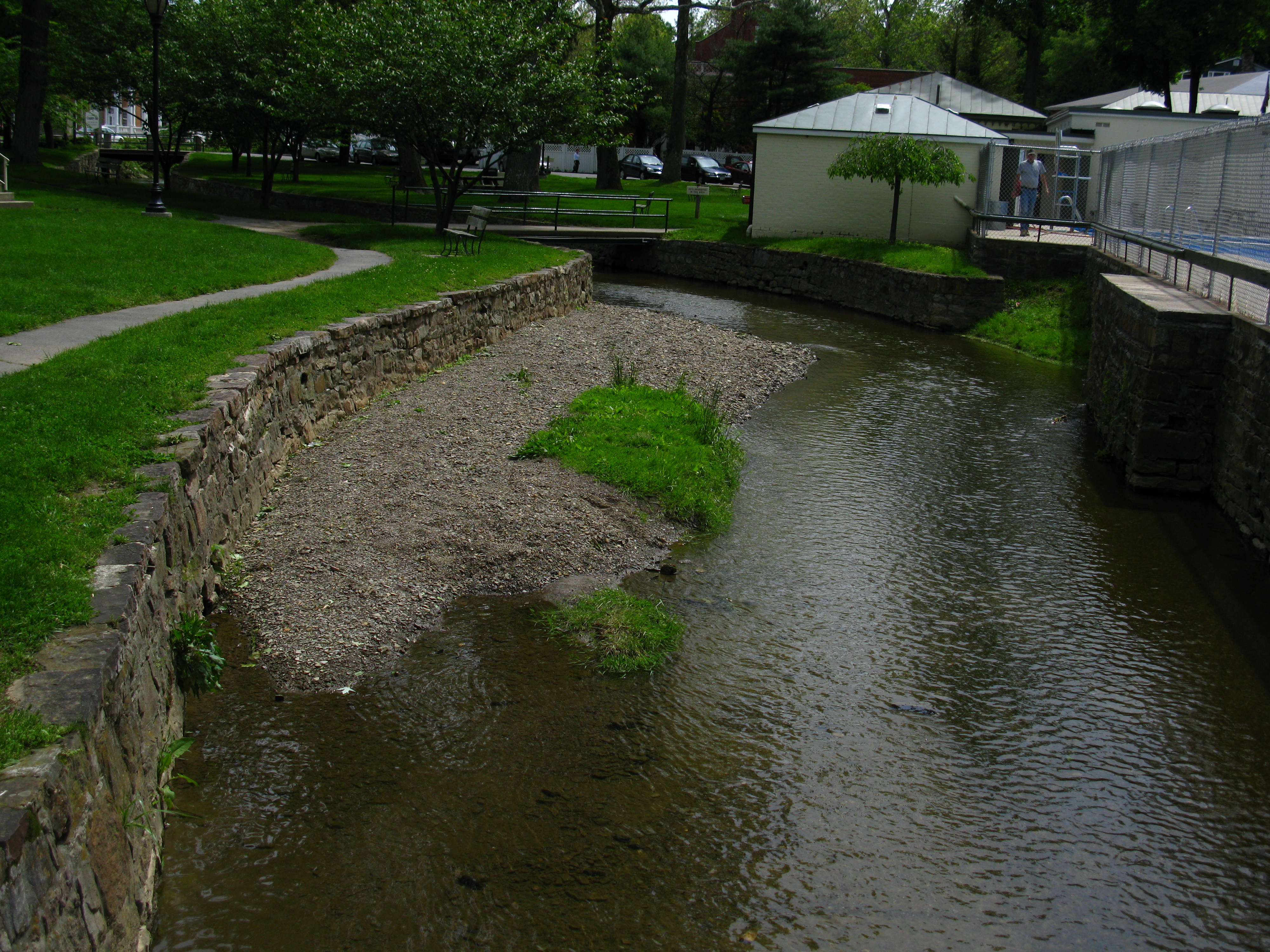 Open lawn and spa buildings at Berkeley Springs State Park