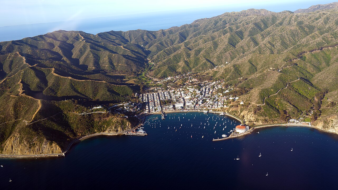 Avalon Harbor and surrounding mountains from the air.