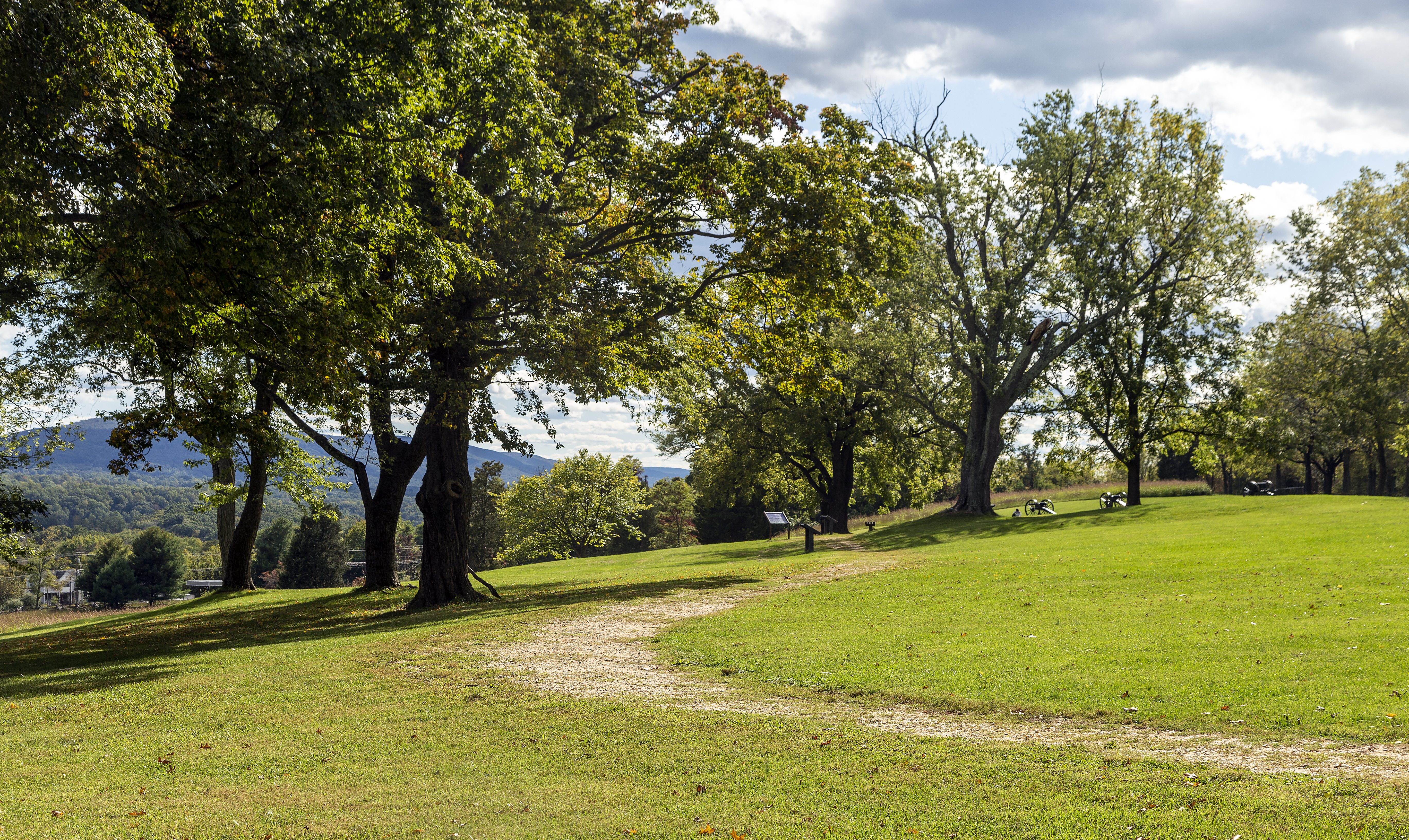 Oak trees and a grass ridge at Bolivar Heights in Jefferson County, West Virginia.