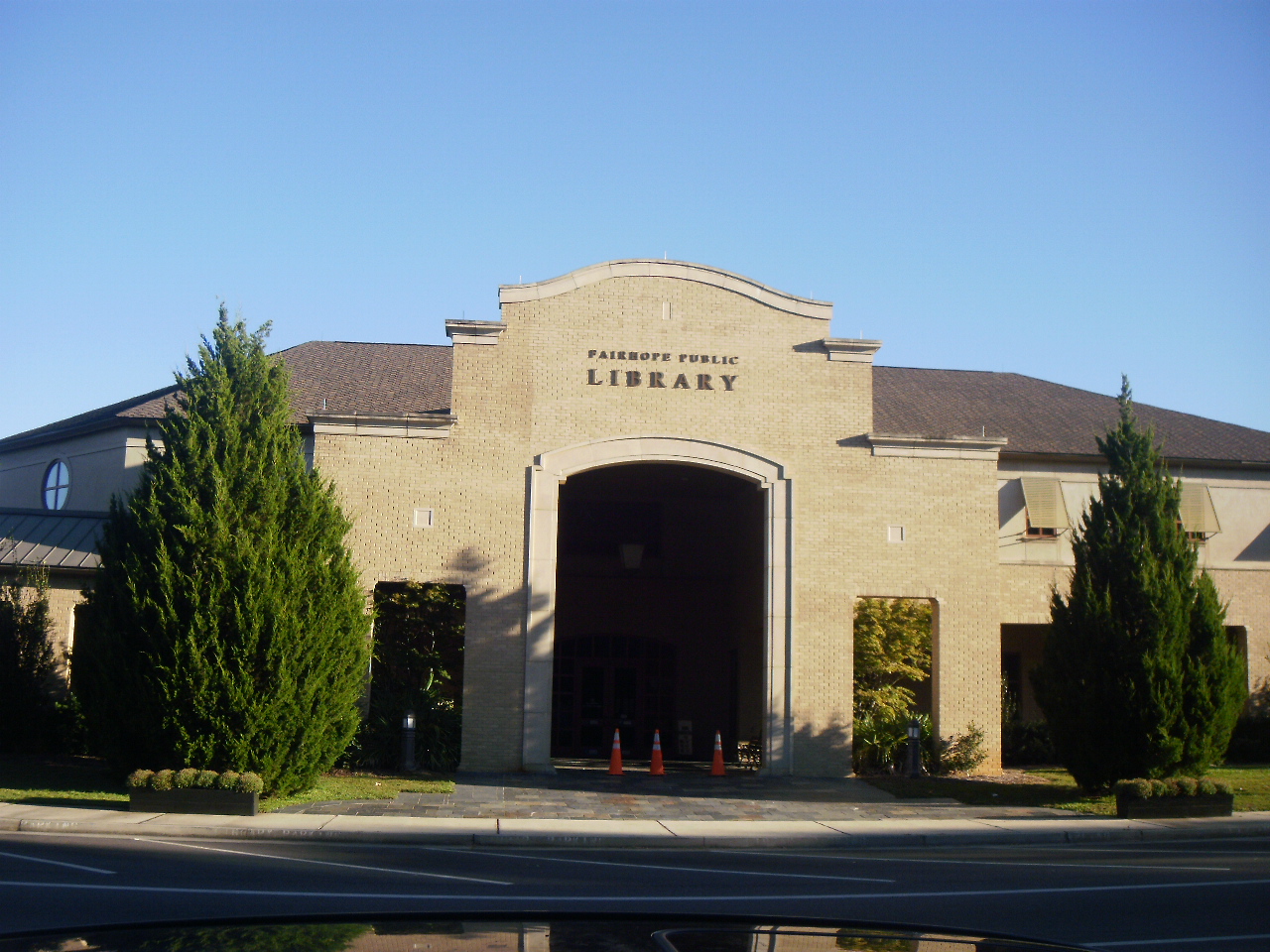 Fairhope Public Library brick facade on a clear day