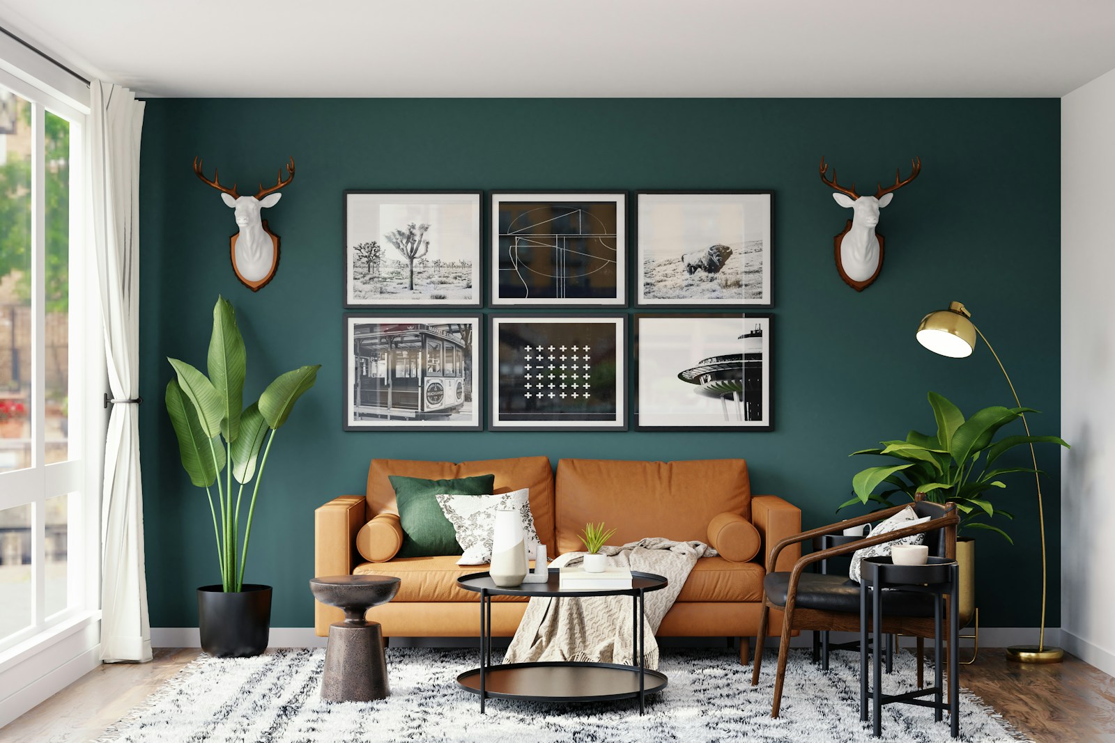Living room sofa on a green wall, no faces