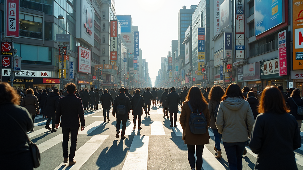 Eye-level view of Shibuya Crossing bustling with people