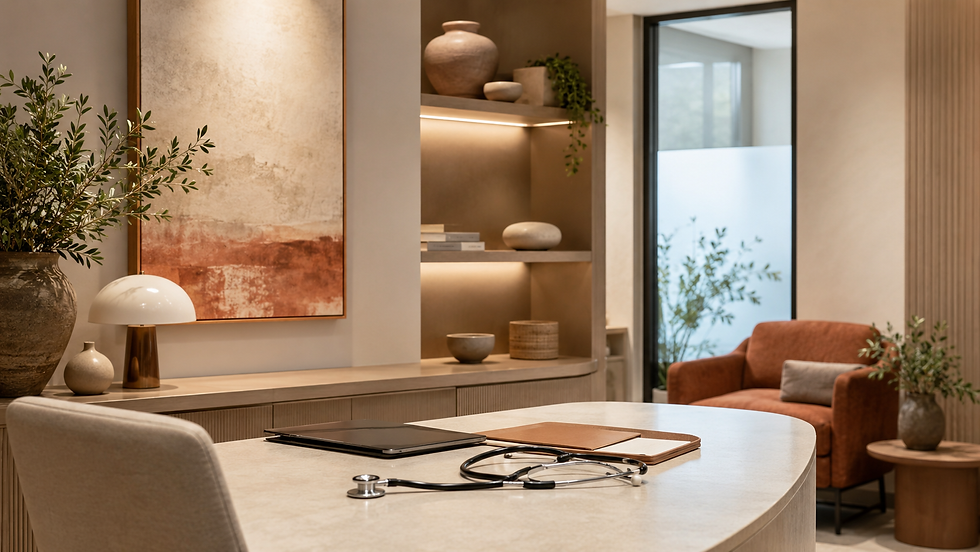 Imagem de um consultório, com mesa, cadeiras, plantas e um estetoscópio
