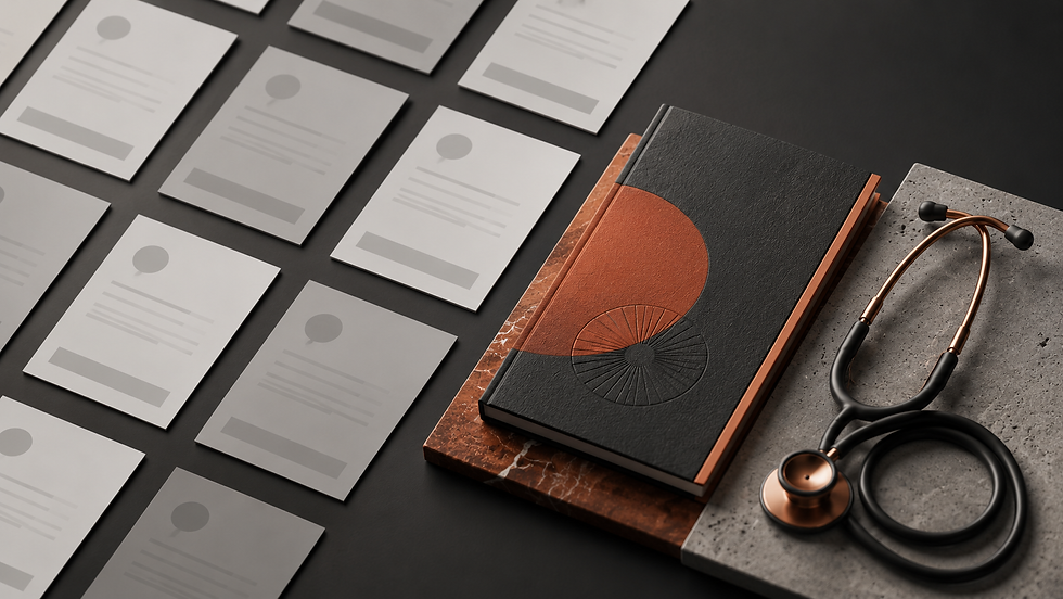 mesa com caderno, folhas em branco e um estetoscópio