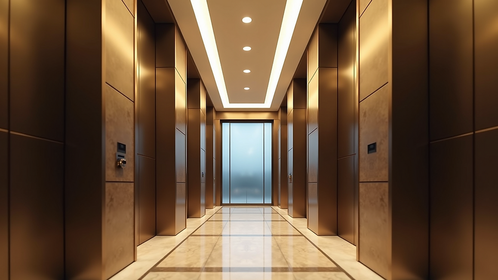 Eye-level view of a luxurious elevator interior with glass walls and ambient lighting
