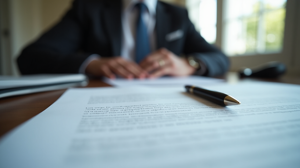 Eye-level view of a lawyer's desk with legal documents and a pen