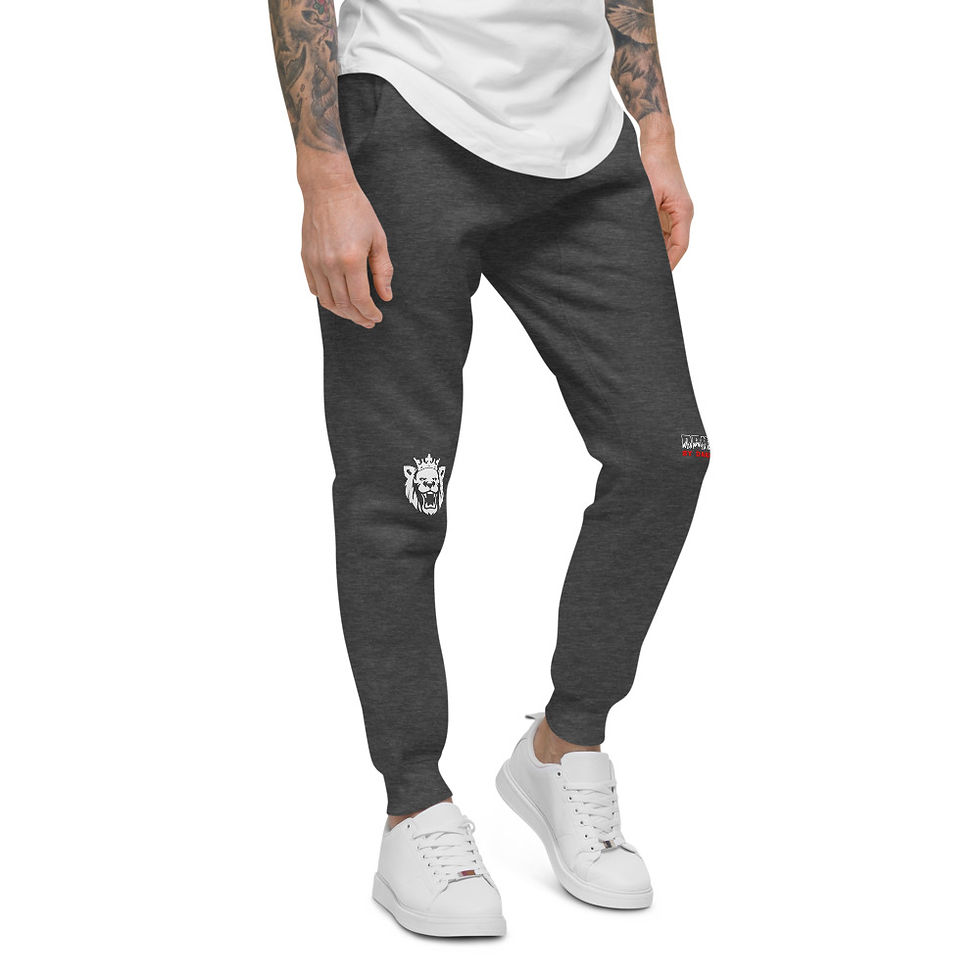 Thumbnail: Lost! Design Joggers both the Quote and Lion patch are Embroidered  Slick Gray style Driven By Darkness Culture apperal.